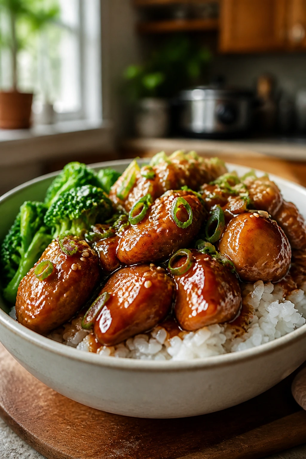 Close-up of glossy crockpot chicken over rice in a warm kitchen