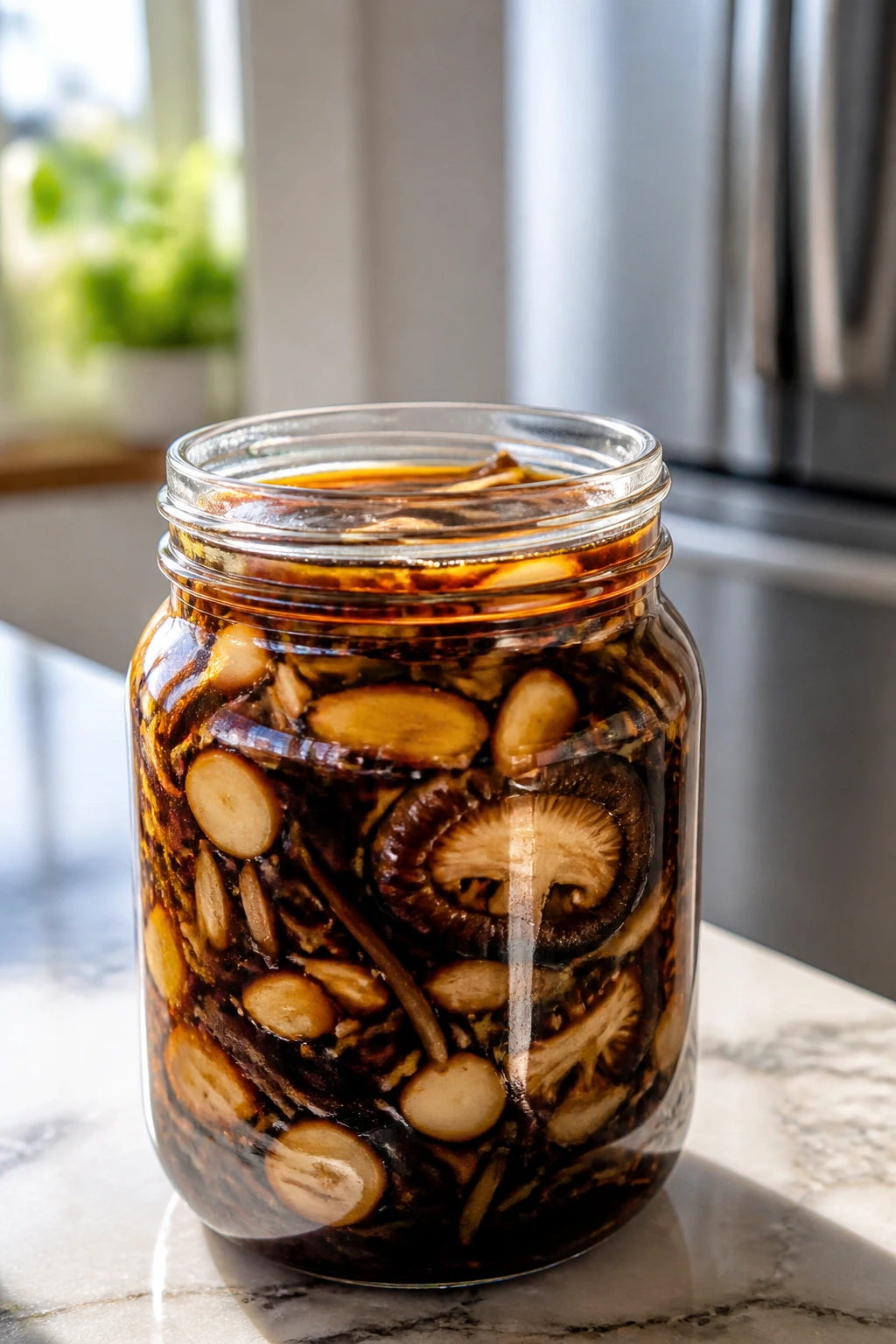 Glossy jar of aromatic soy sauce on a bright kitchen counter with fridge in background