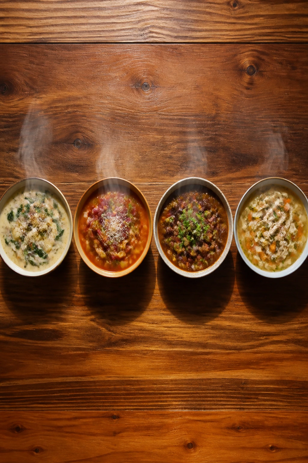 Top-down view of four bowls of soup arranged for the week