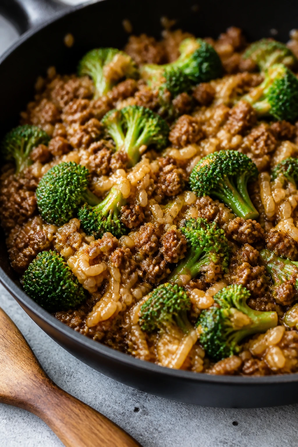 Close-up skillet with beef, broccoli, and rice in soy glaze