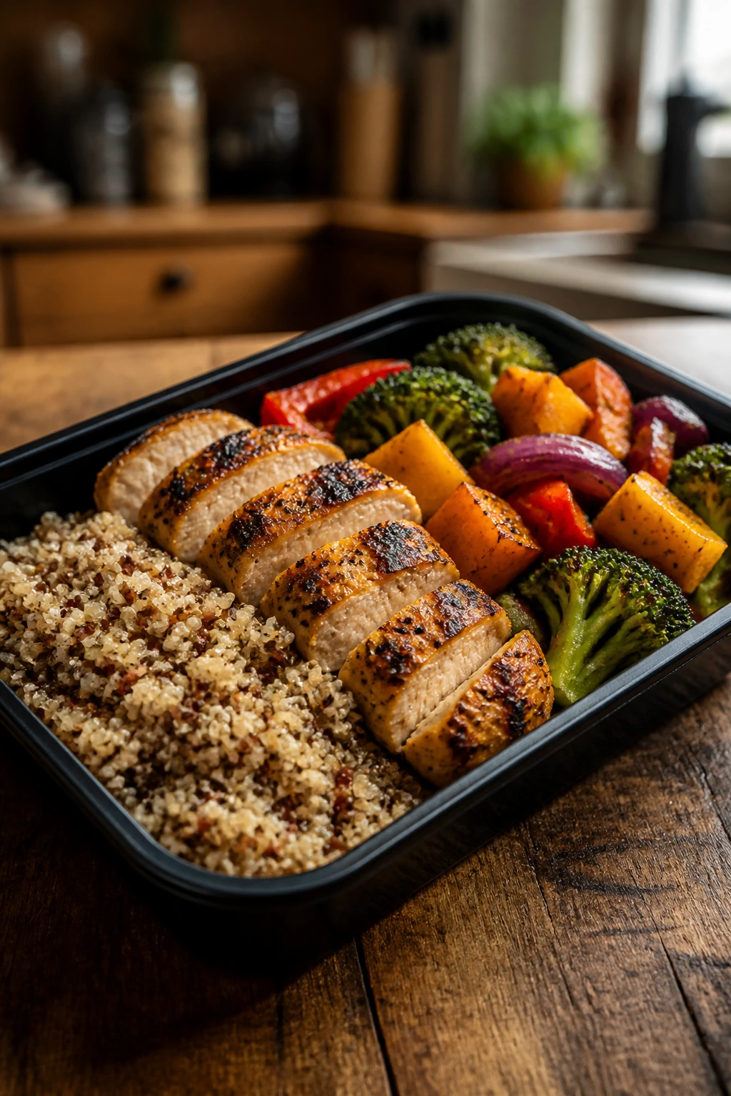 Fully plated chicken meal box with quinoa and vegetables