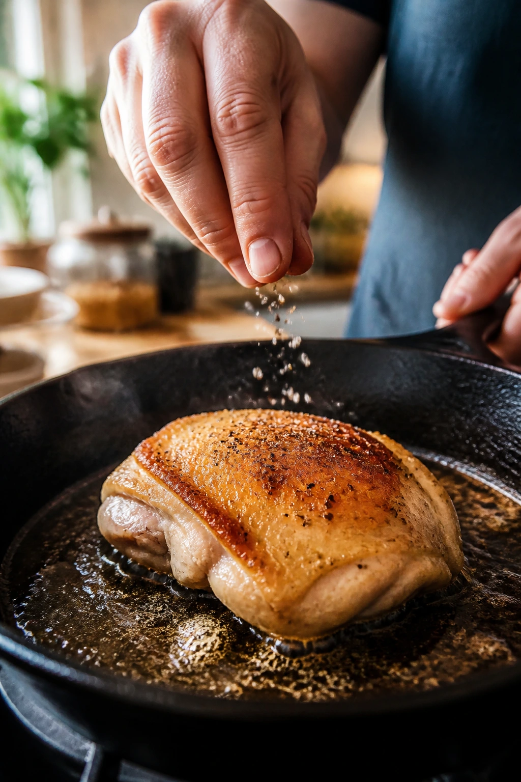 Close-up of a real person's hands seasoning a chicken thigh in a hot skillet