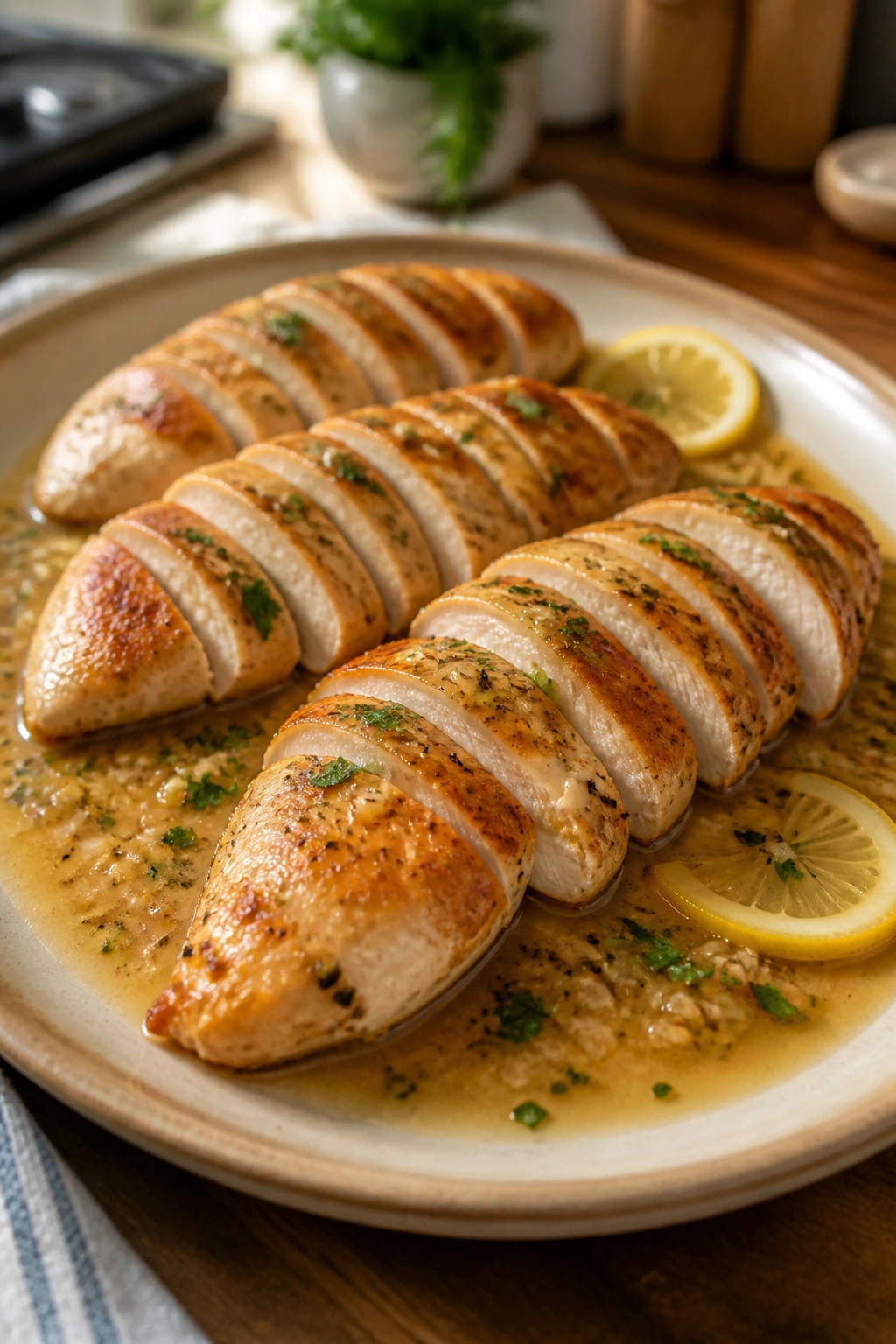 Plate of juicy chicken breasts with lemon-garlic pan sauce