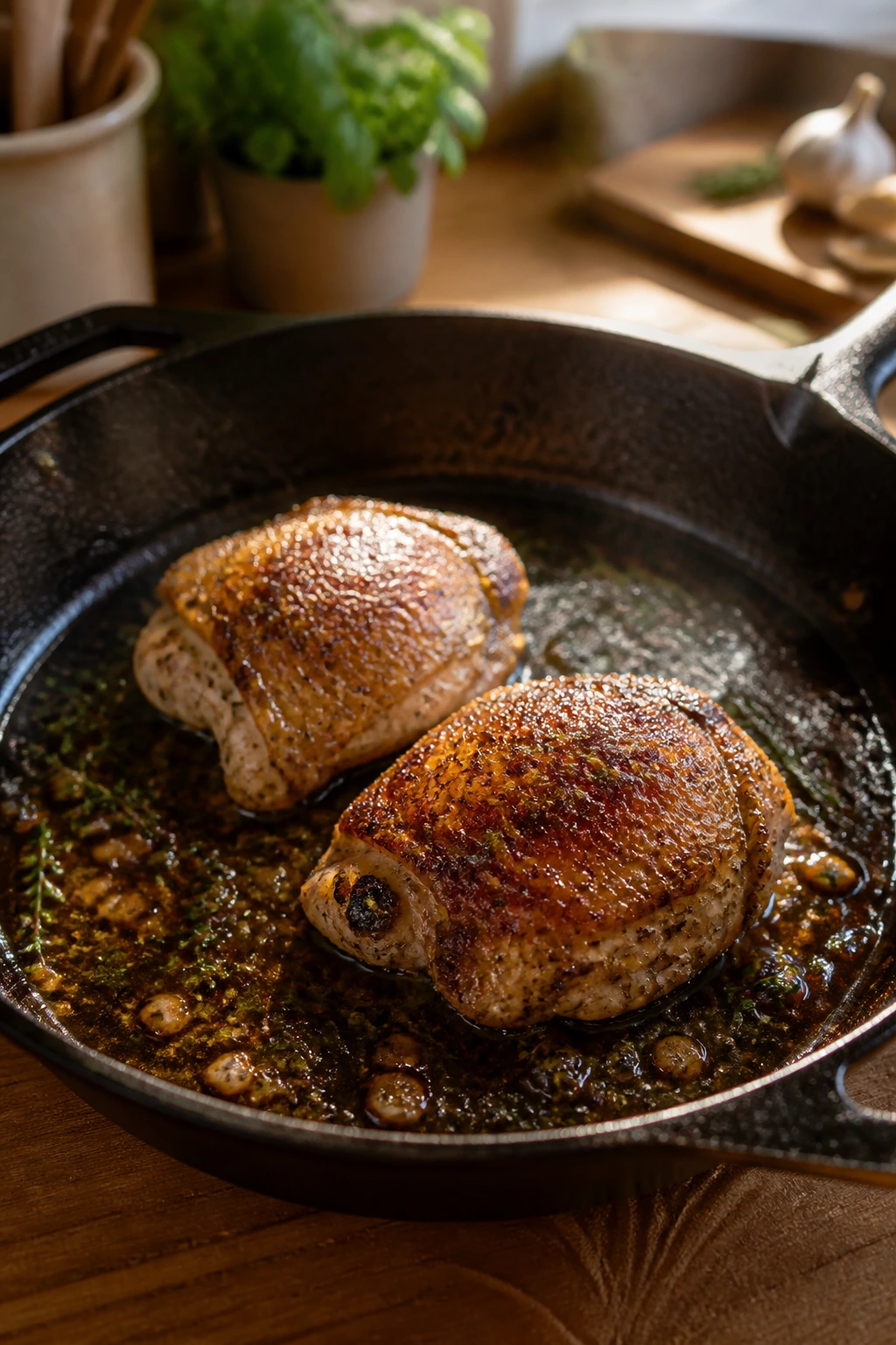 Two chicken thighs browning in a skillet with glossy pan sauce in a cozy kitchen