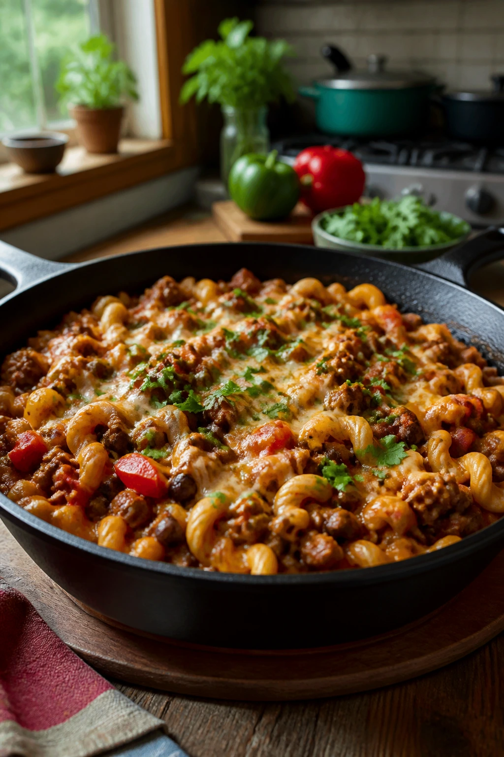 Close-up of a colorful skillet dinner representing quick weeknight meals