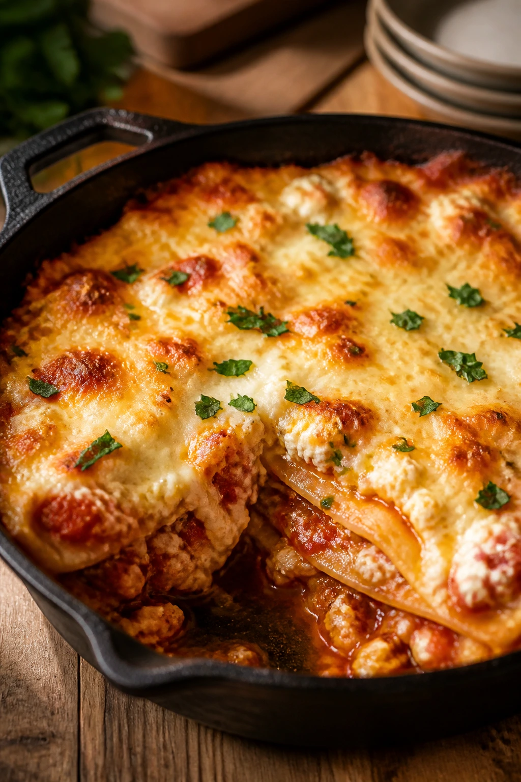 Creamy cottage cheese lasagna skillet in a cast-iron pan