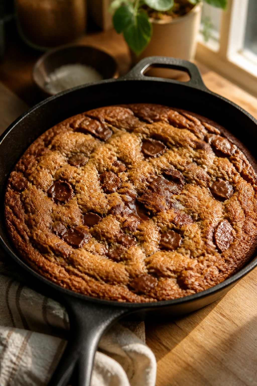 Skillet cookie with browned butter in cast-iron pan on a warm kitchen counter