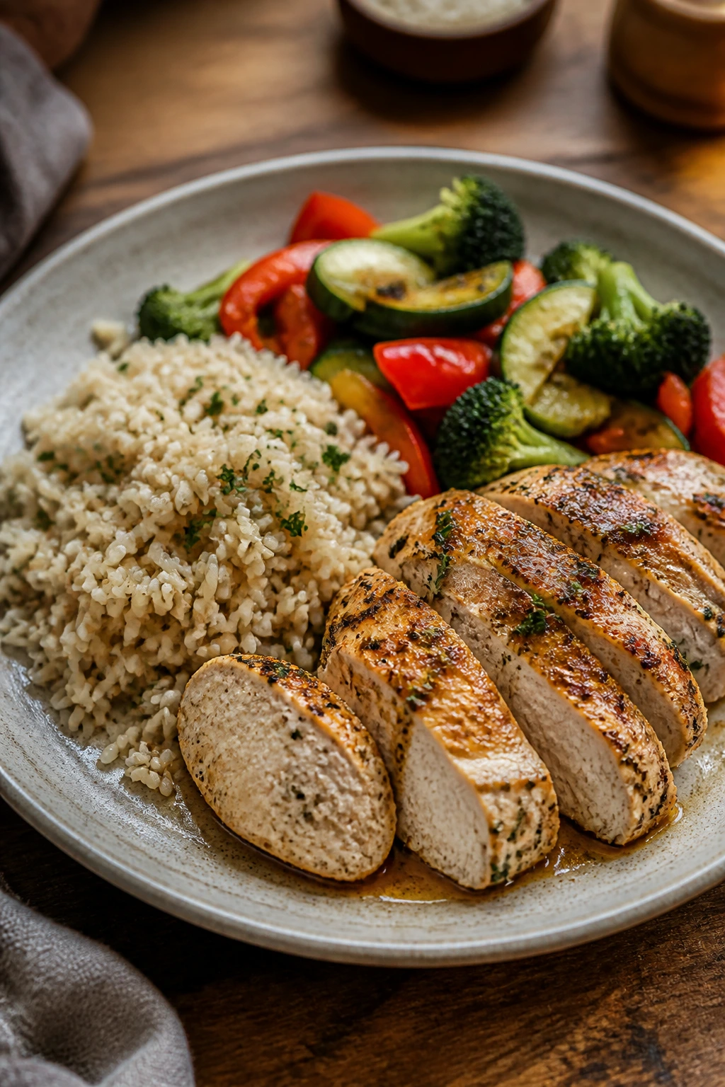 Plate with a balanced weeknight dinner of protein, starch, and vegetables.