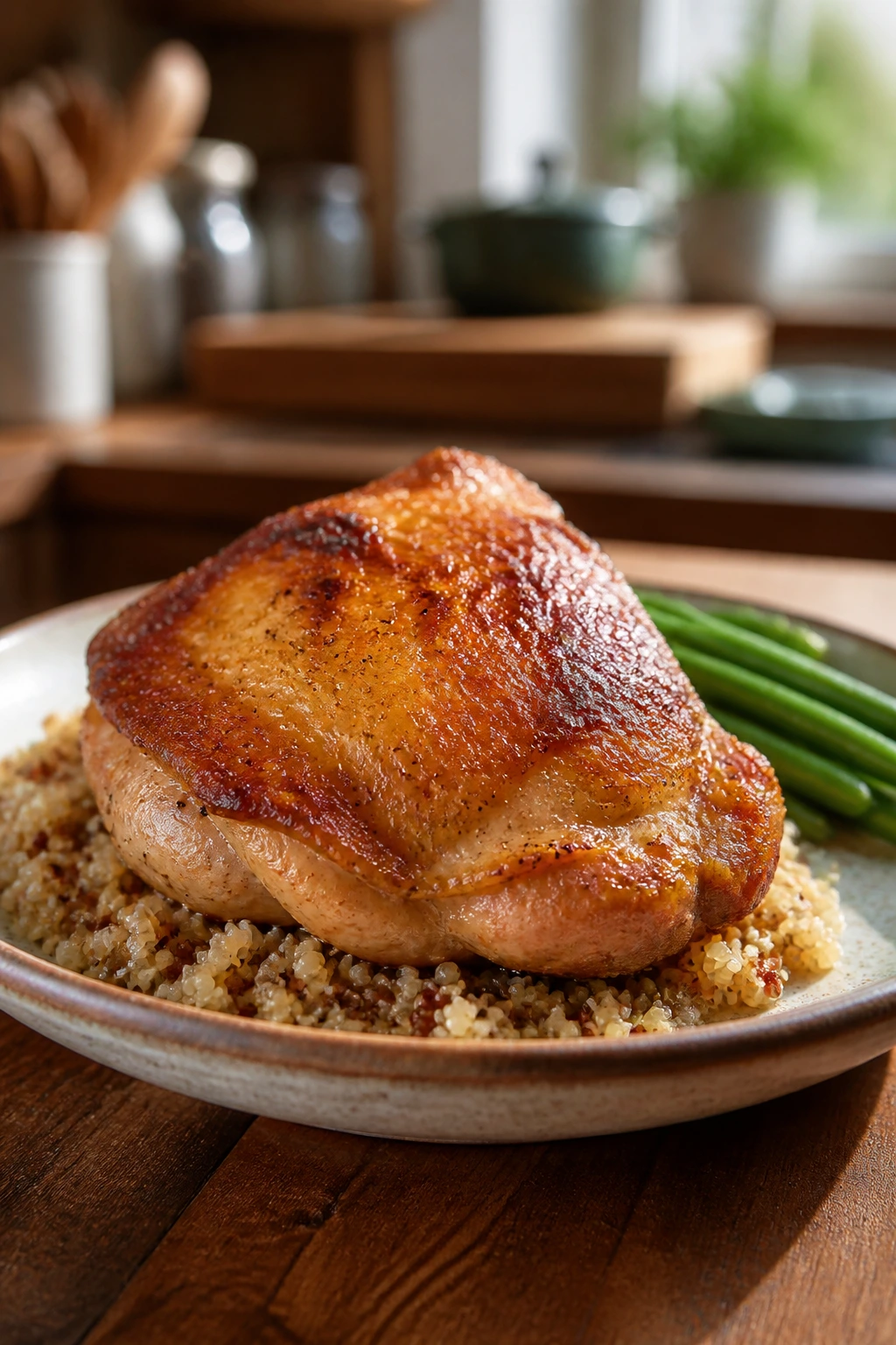 Close-up of a crispy chicken thigh with quinoa and green beans in a cozy kitchen