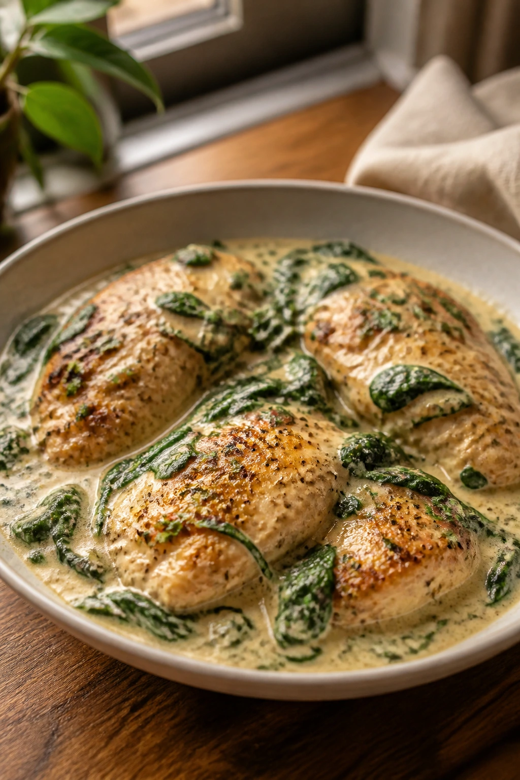 Plated creamy chicken skillet dinner on a warm wooden table with glossy sauce.