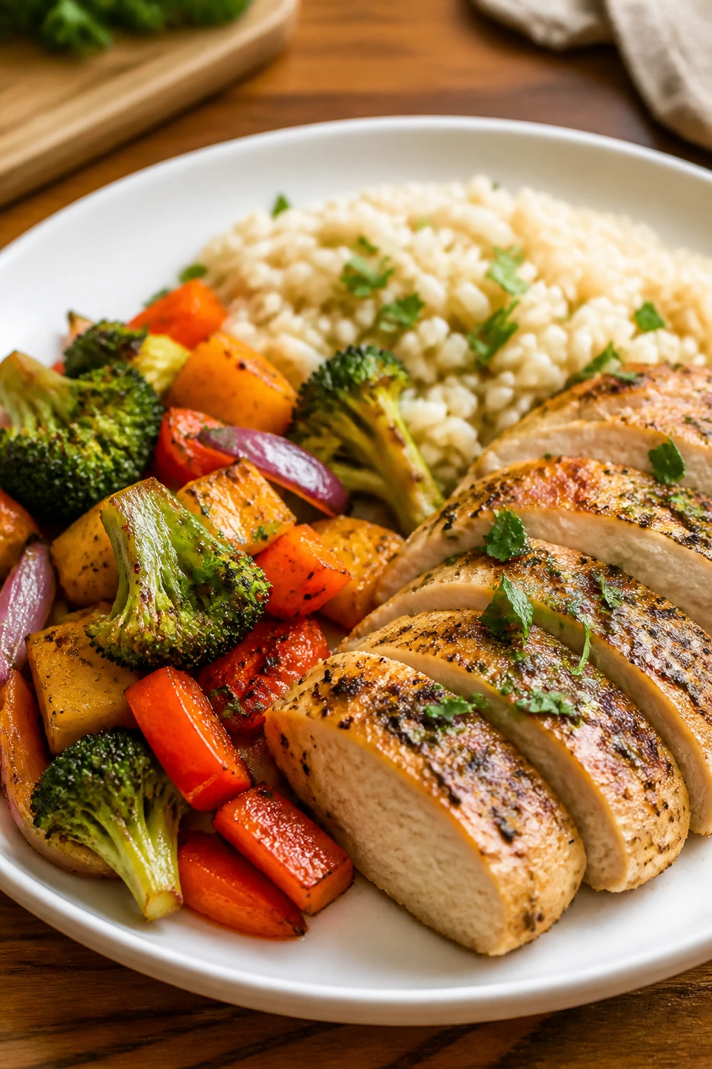 Close-up of a simple weeknight dinner plate in a cozy kitchen