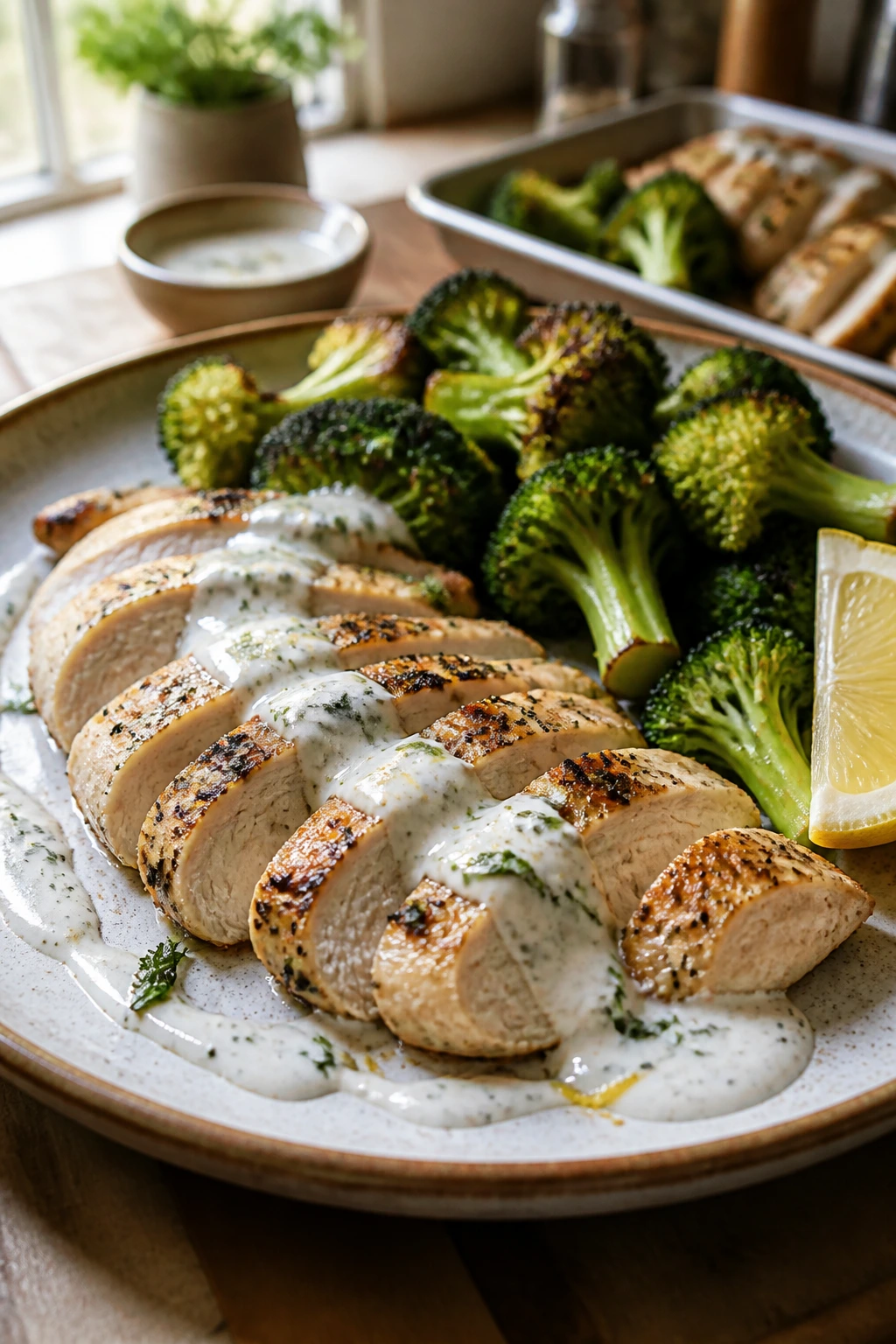 Close-up of plated lean dinner with chicken and broccoli in a cozy kitchen