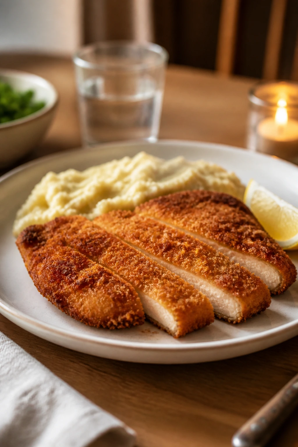 Plated crispy chicken with a simple side on a weeknight table