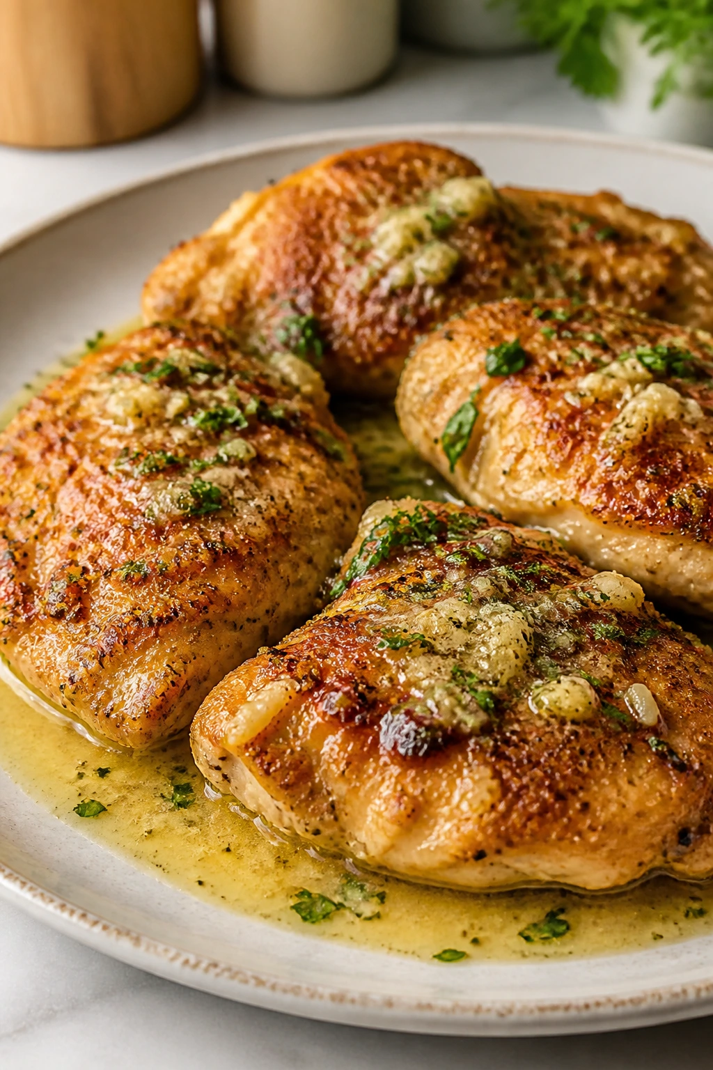 Plate of garlic parmesan chicken with glossy sauce for quick weeknight dinner