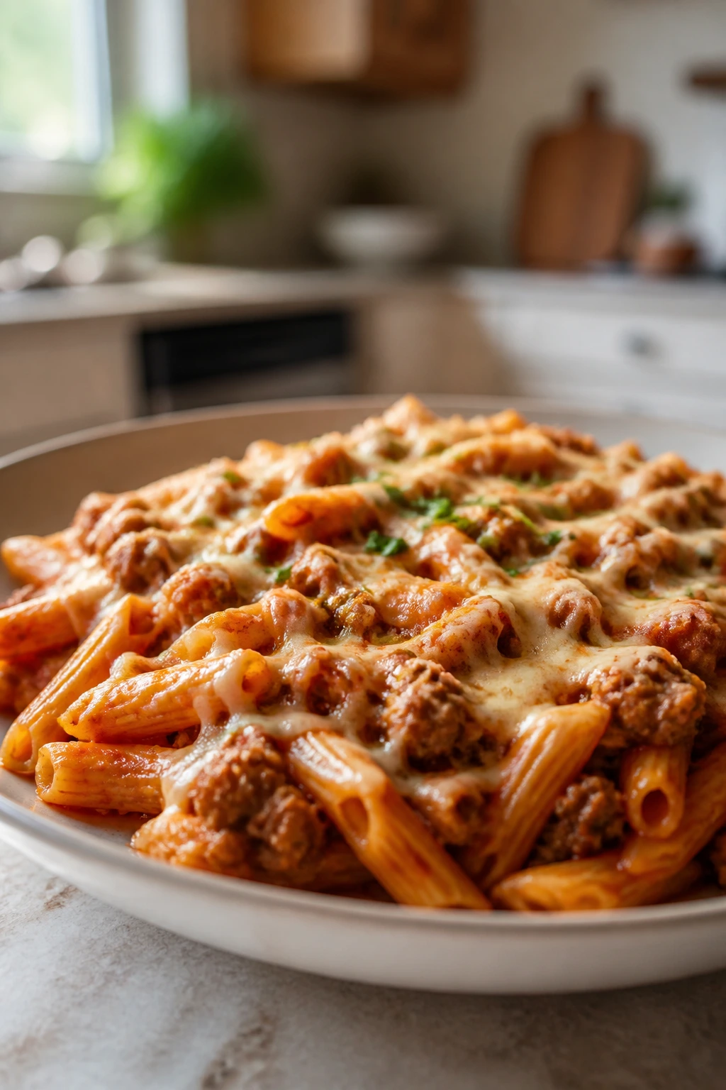 Close-up plate of a simple weeknight dinner on a warm kitchen counter