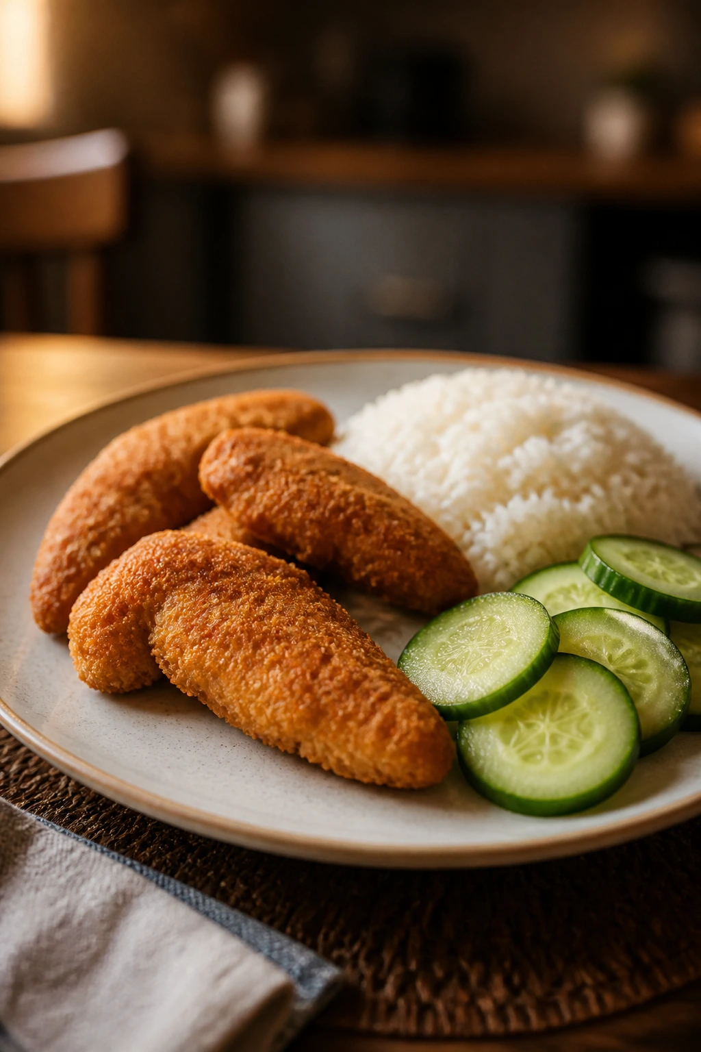 Close-up of a simple weeknight dinner plate with chicken, rice, and cucumber in a home kitchen