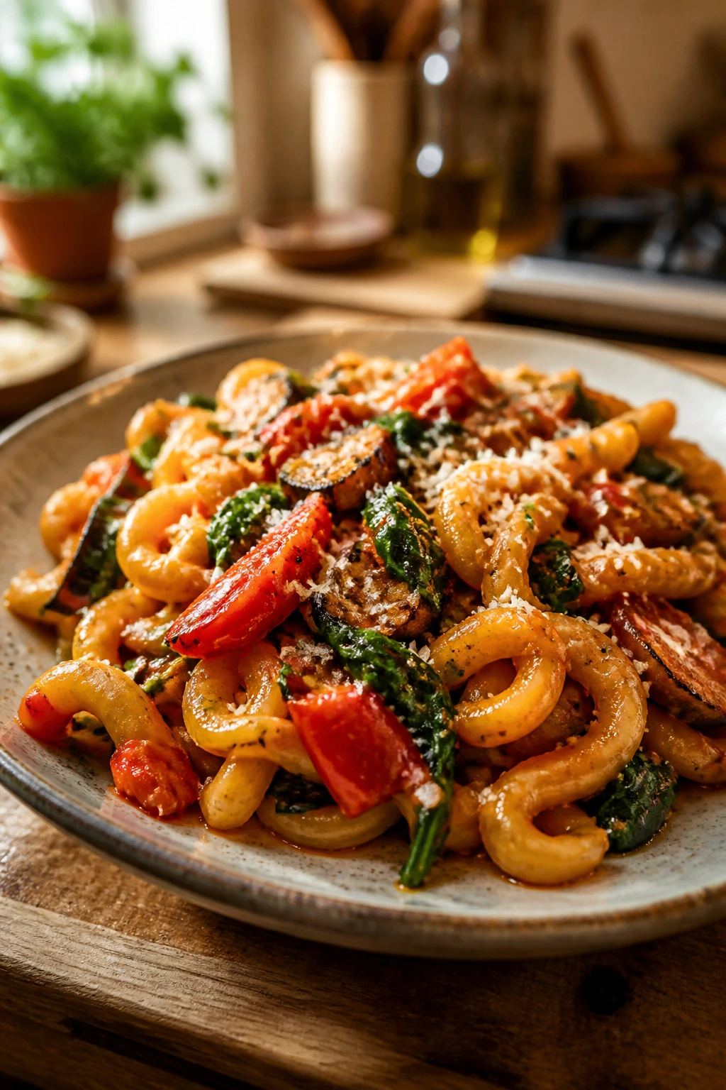 Close-up of a complete weeknight dinner plate on a rustic dish in a warm kitchen.