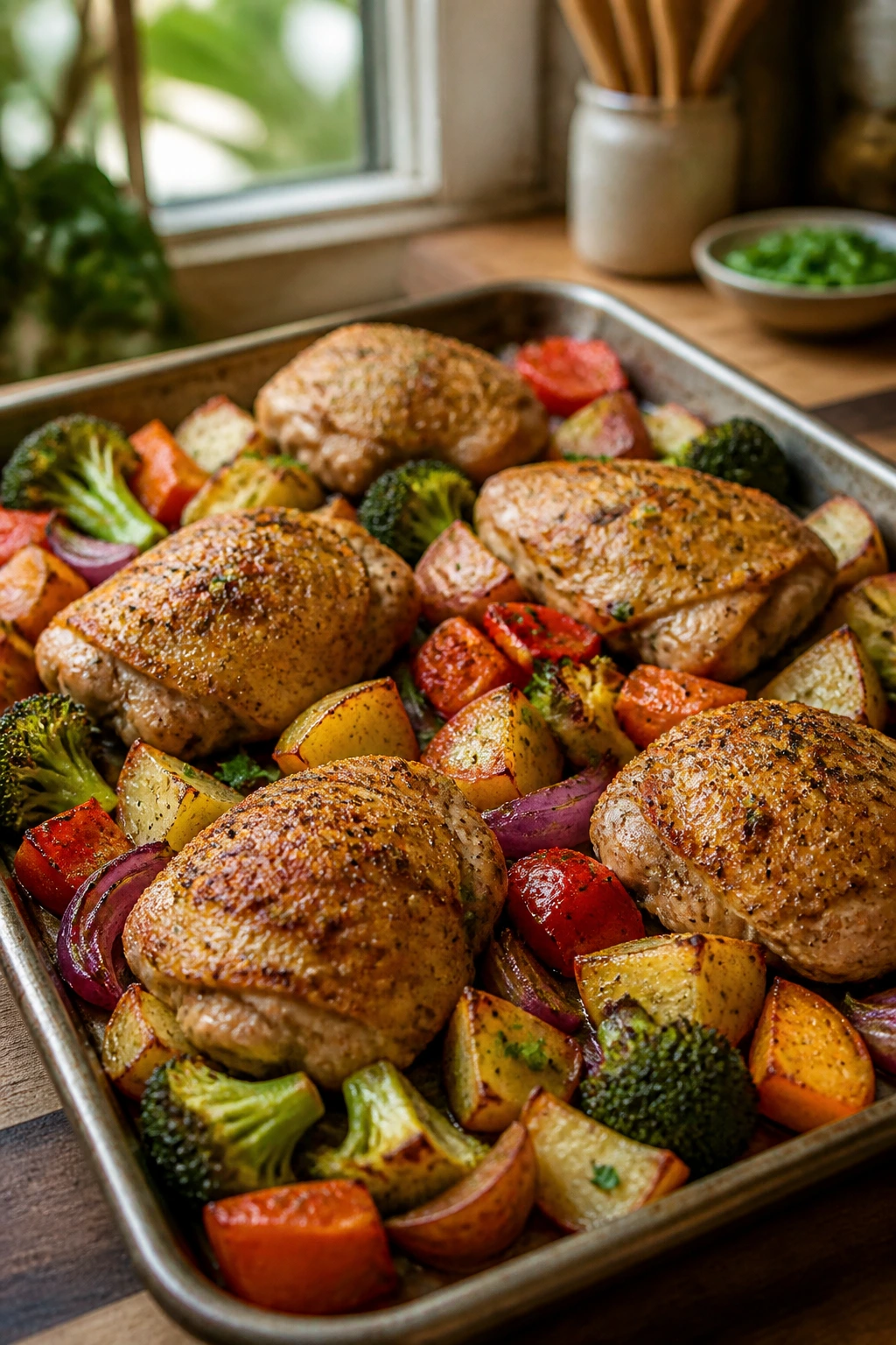 Close-up of a single-sheet pan dinner on a warm kitchen counter, symbolizing simple weeknight meals