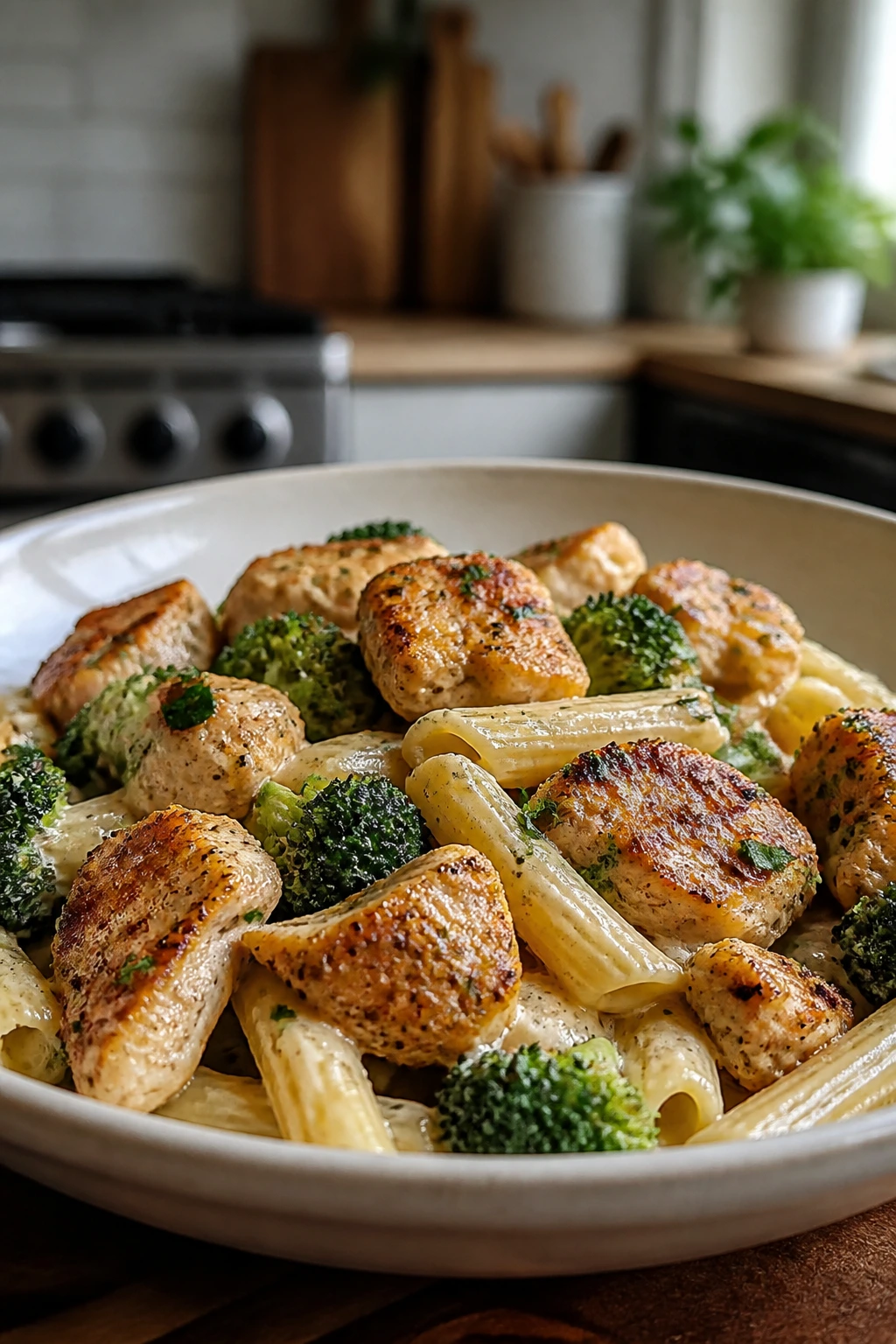 Plate of simple weeknight skillet dinner in a home kitchen