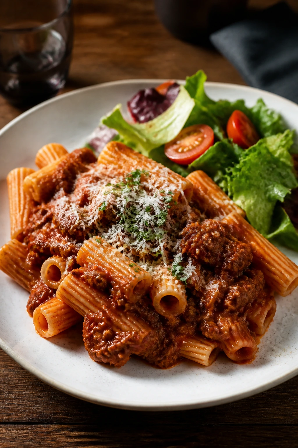 Close-up of plated pasta with hidden vegetables and a crisp side