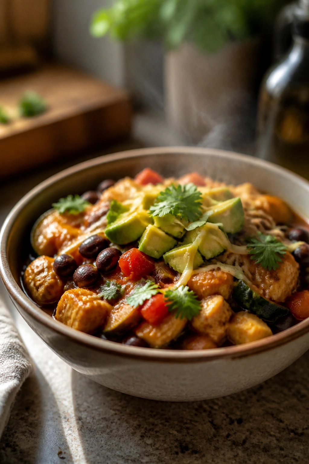 Steaming budget-friendly dinner bowl in a home kitchen