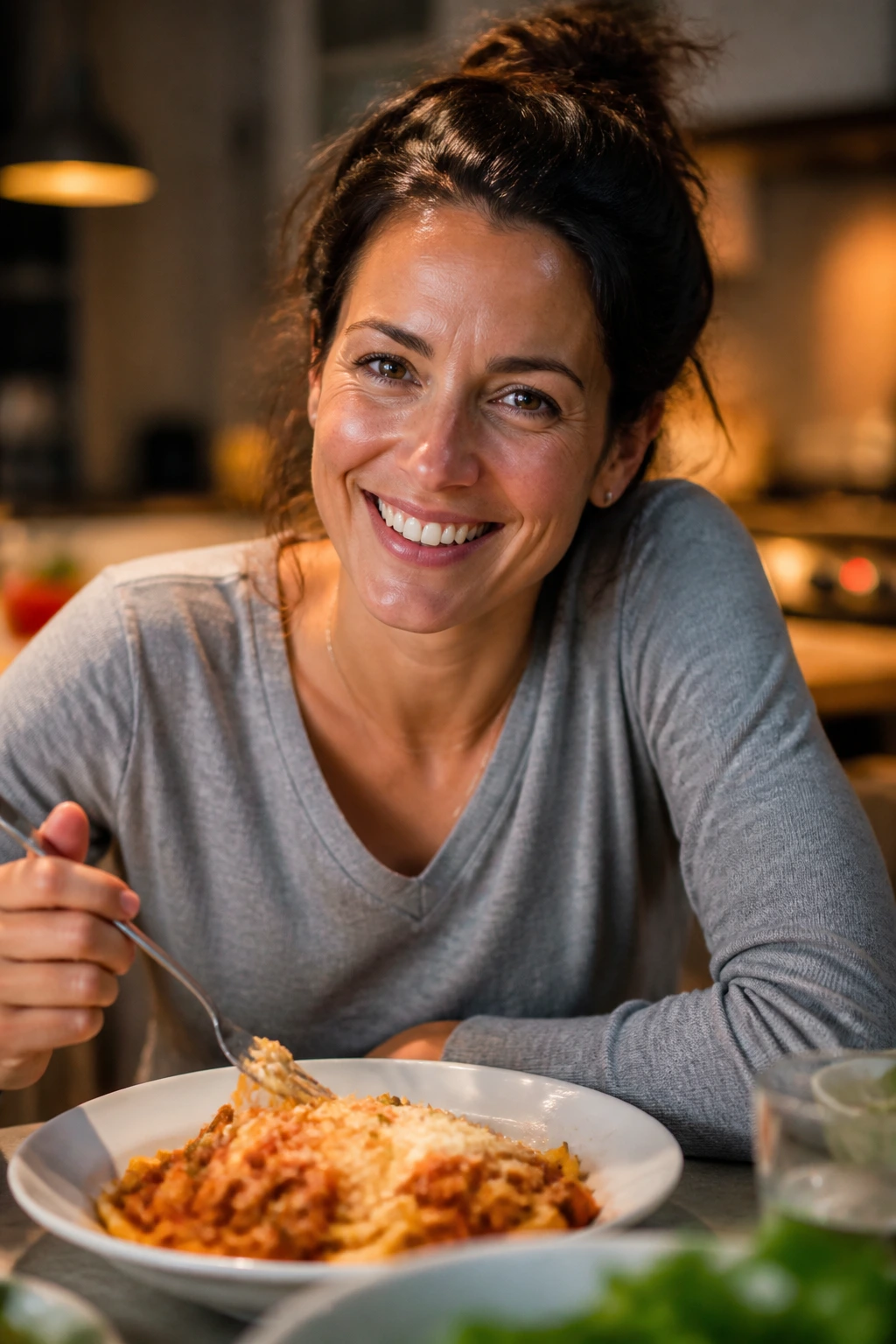 Parent smiling at a weeknight dinner in a warm kitchen