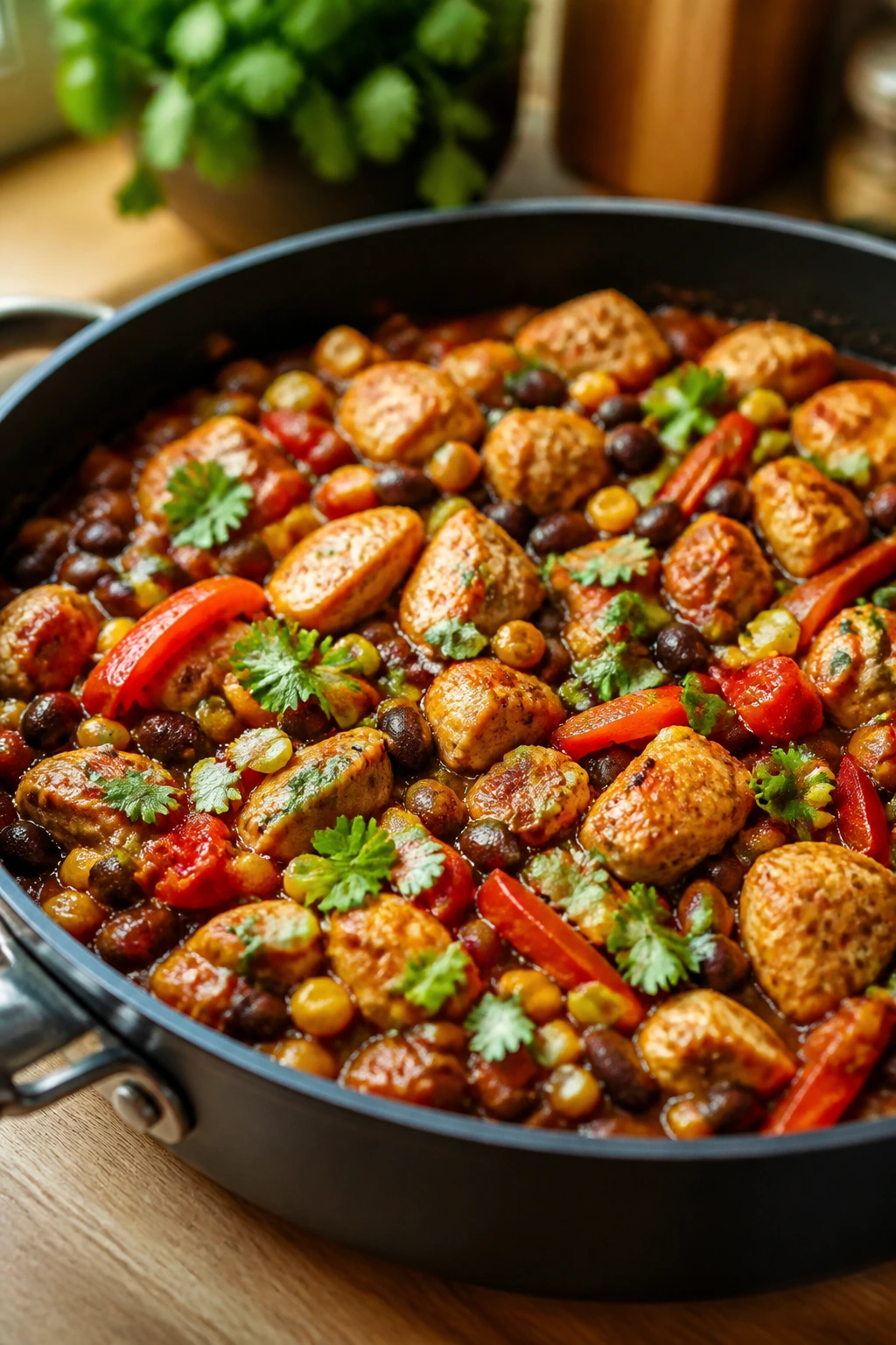 Close-up of a colorful one-skillet weeknight dinner in a real kitchen