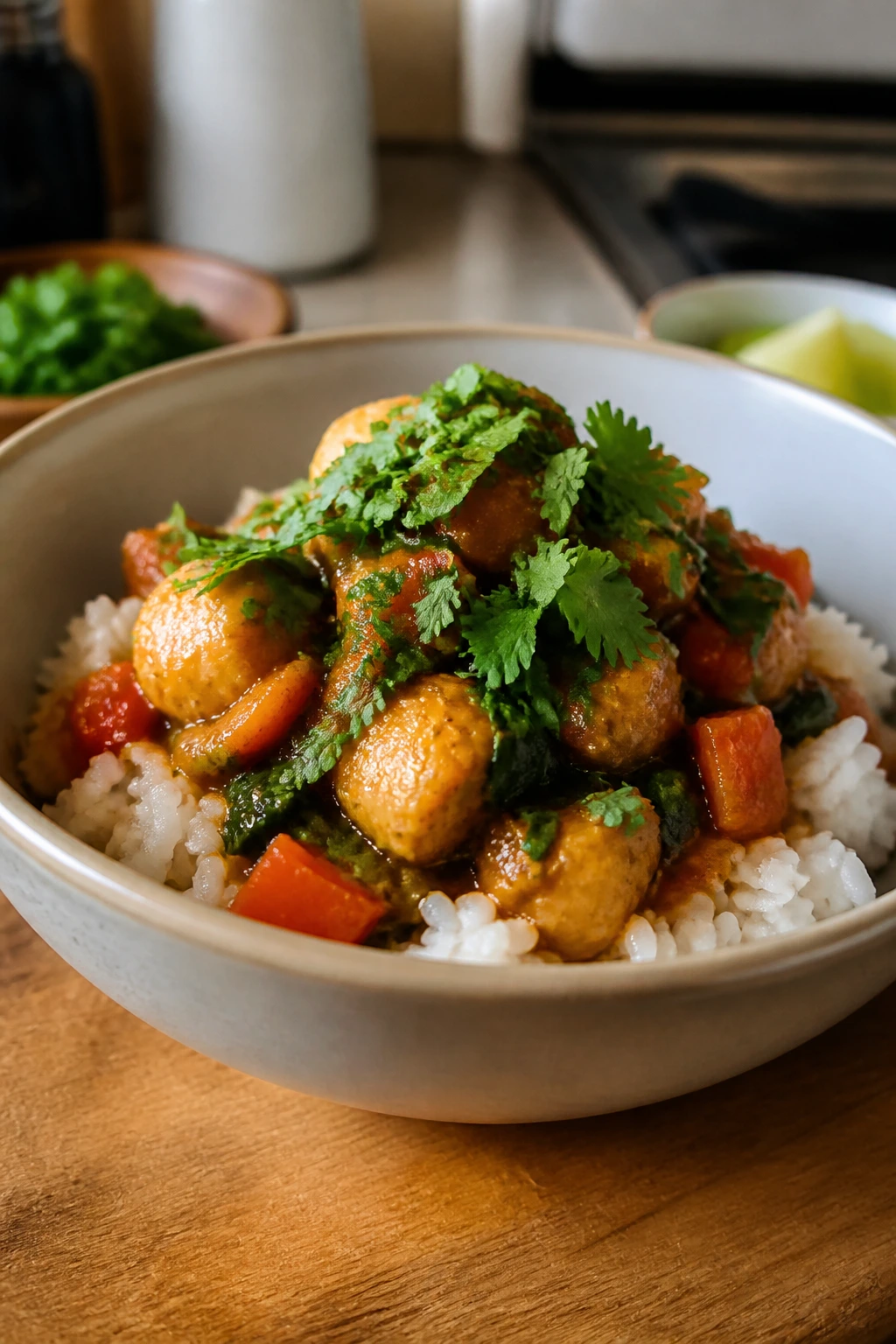 Plated grain bowl with chicken and vegetables, garnished with herbs