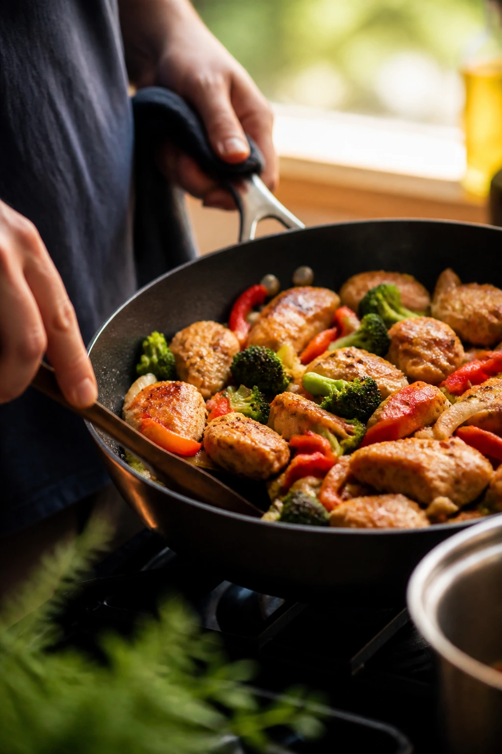 Close-up of a real person’s hands over a skillet with chicken and vegetables in a warm kitchen
