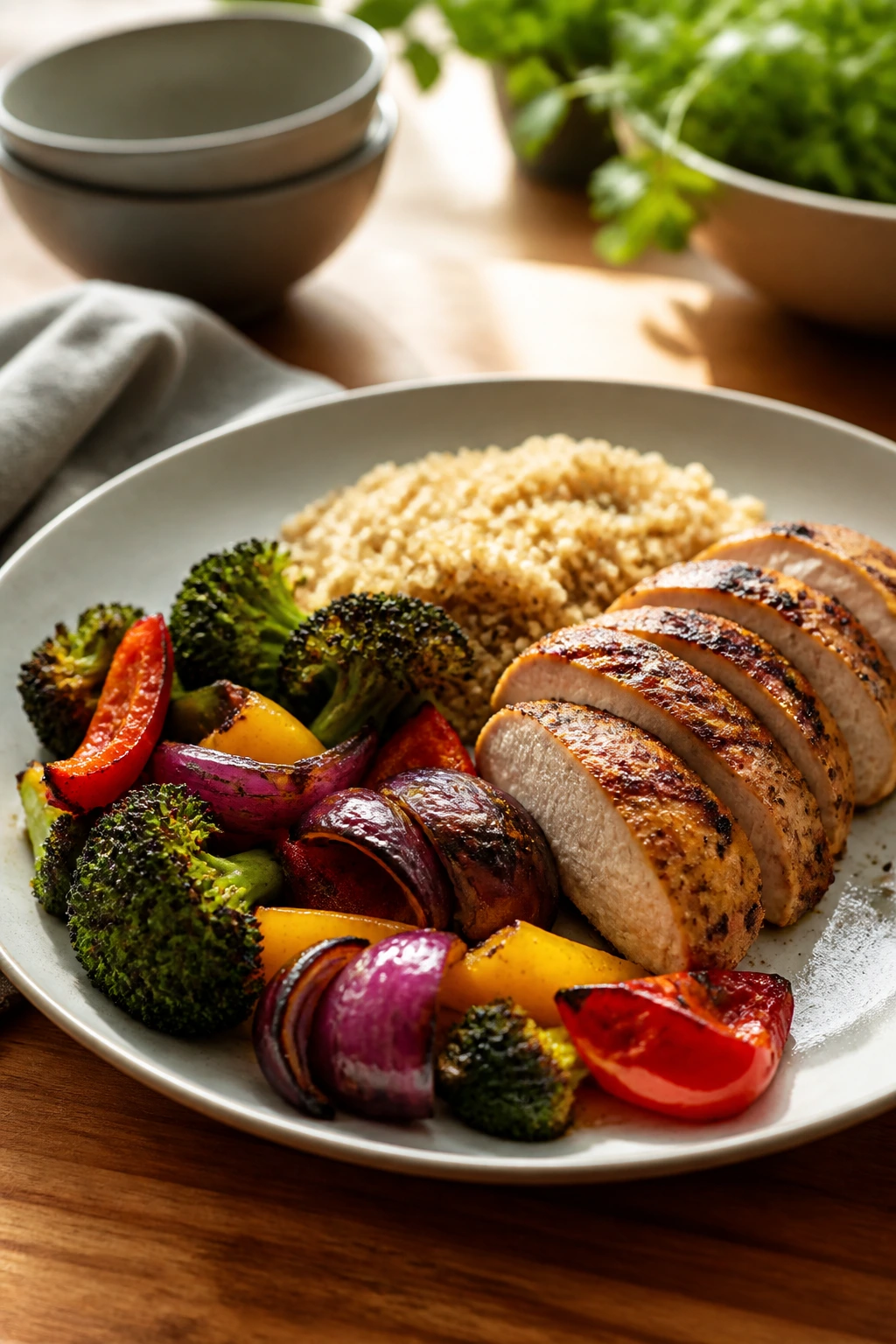 Close-up plate of a balanced meal under 500 calories with chicken, vegetables, and measured starch.