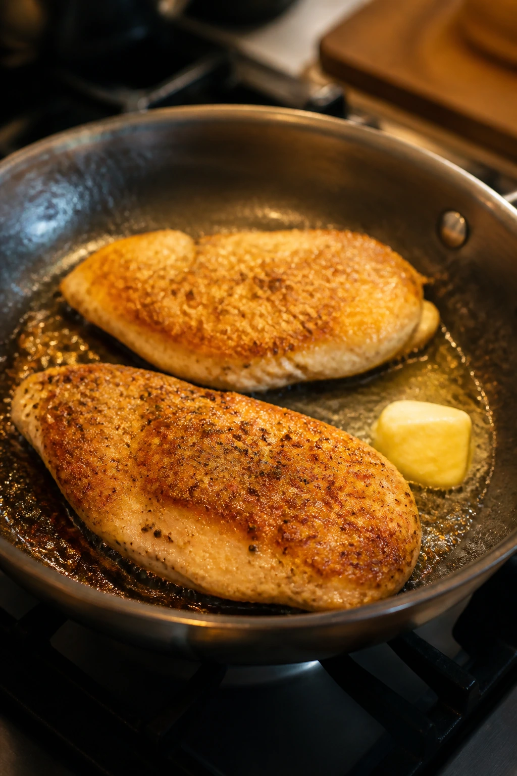 Juicy, browned chicken breast cooking in a skillet in a home kitchen.