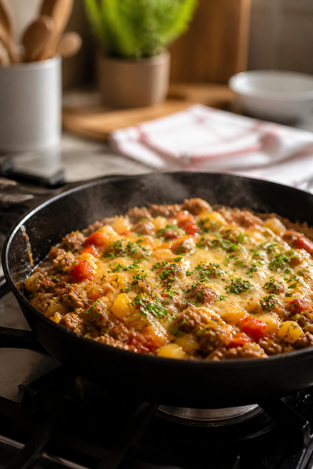 Close-up of a single skillet on a stove in a cozy weeknight kitchen