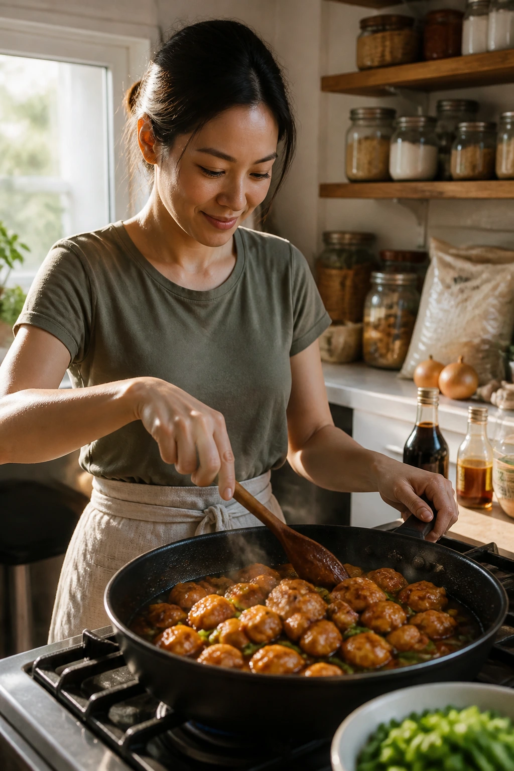 Person cooking Chinese chicken dish in a cozy kitchen, illustrating a better weeknight habit.
