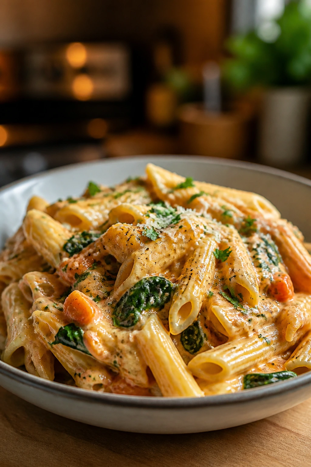 Close-up plate of pasta with hidden vegetables in a warm kitchen