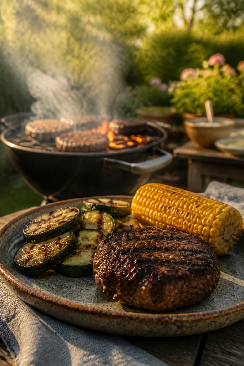 Weeknight plate of burgers zucchini and corn outdoors