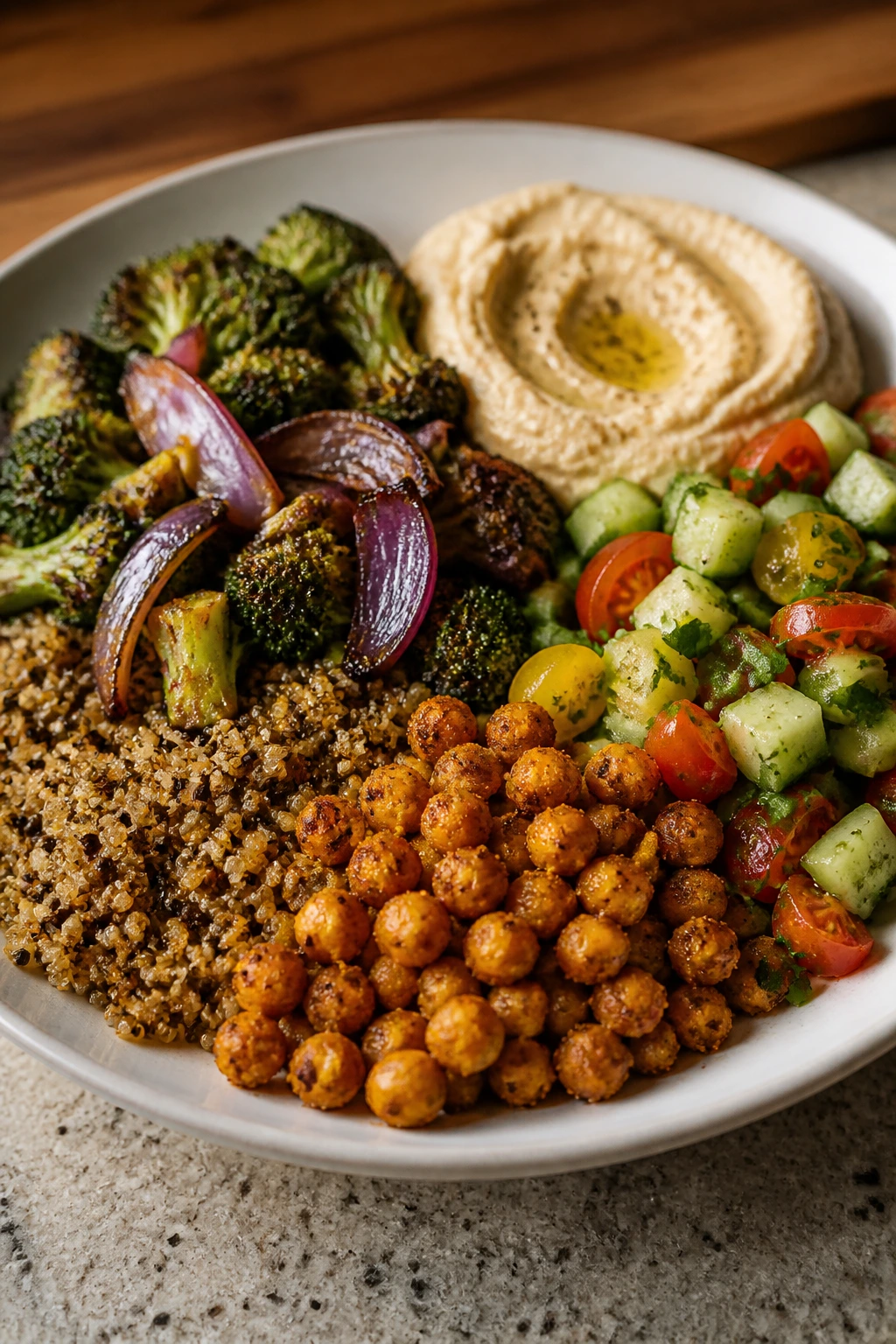 Close-up of a five-part weeknight plate with crisp base, creamy element, and sharp fresh component in a warm kitchen
