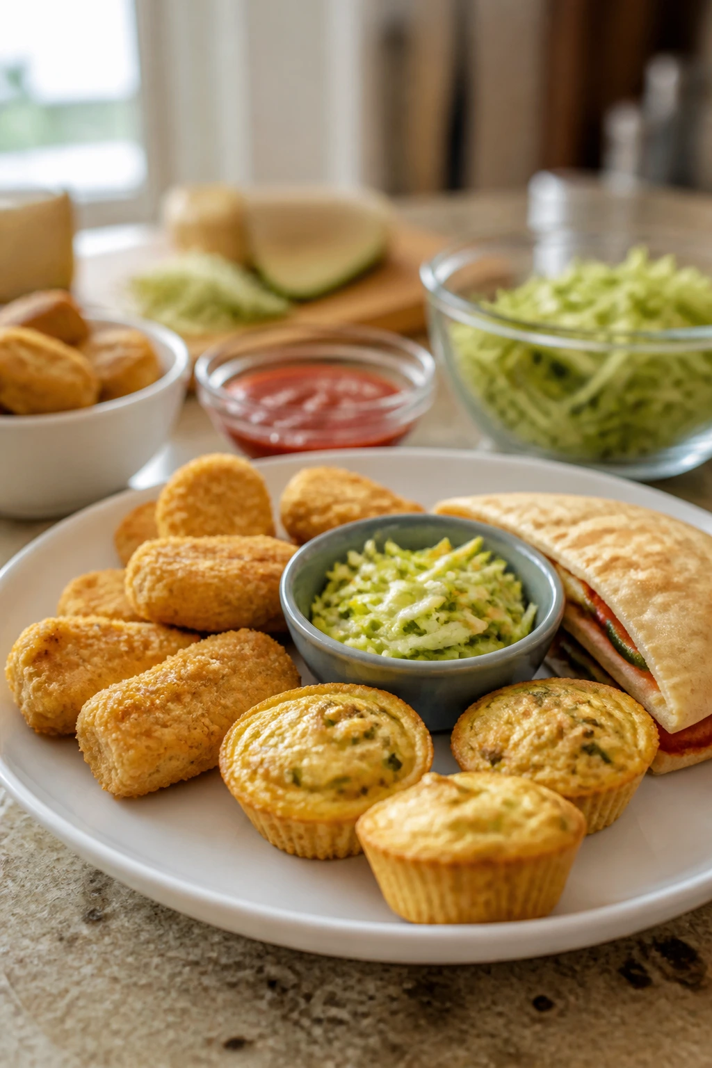 Plate of familiar kid-friendly shapes on a wooden table with hidden veggies.