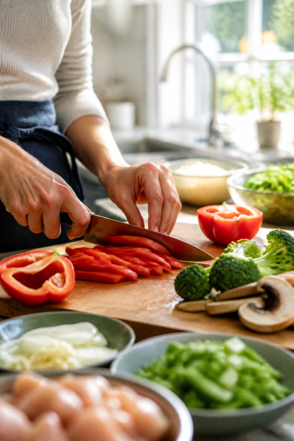 Hands slicing vegetables in a bright kitchen