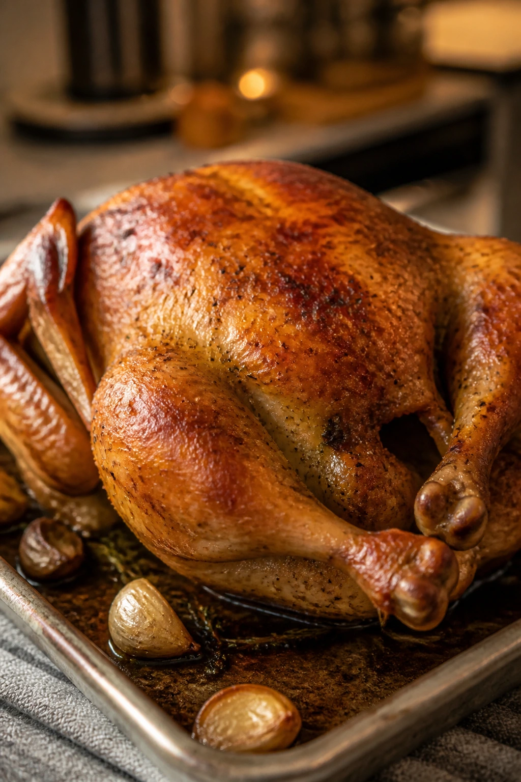Golden roasted chicken on a sheet pan in a cozy home kitchen