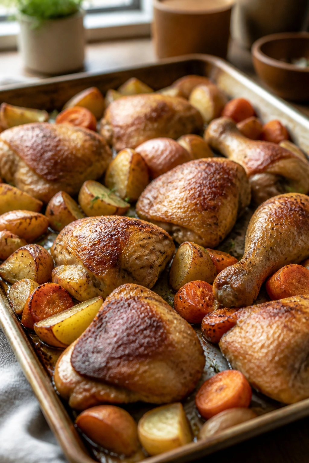 Close-up of sheet-pan roasted chicken with potatoes and carrots dominating a cozy kitchen counter