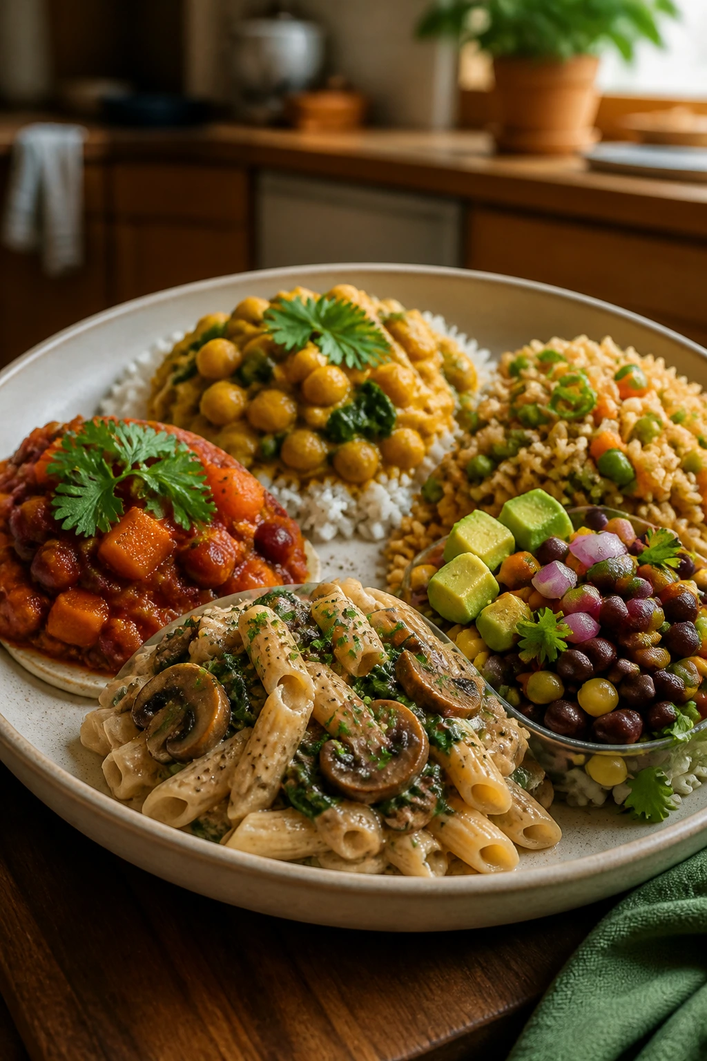 Plate with varied vegetarian components suggesting weeknight rotation
