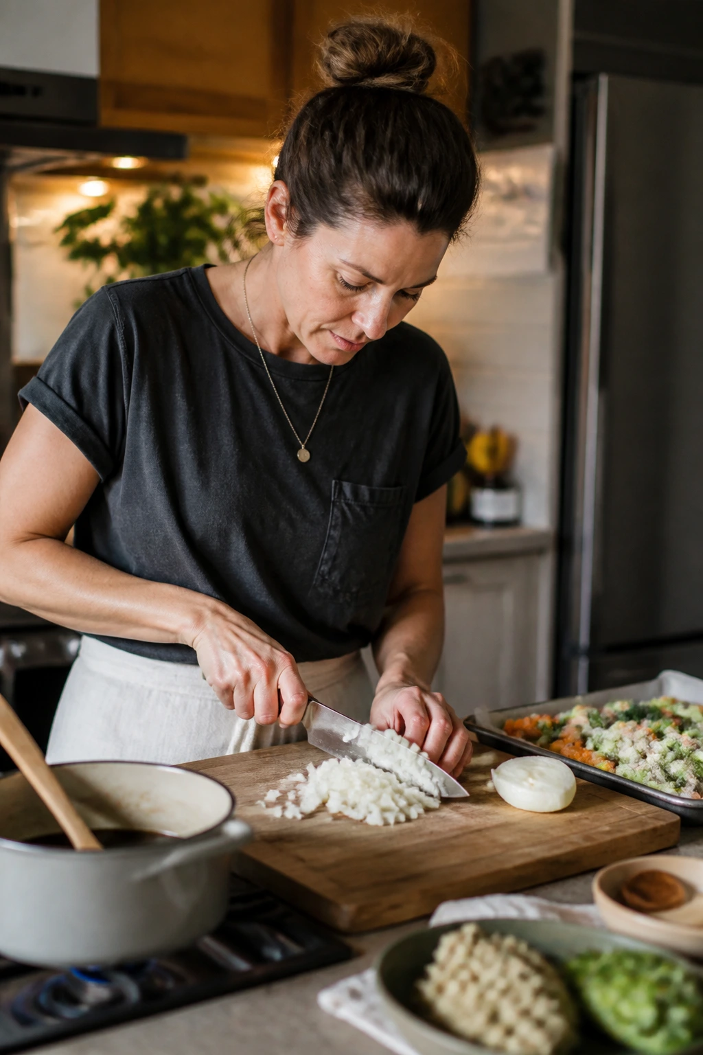 Real person preparing a simple weeknight meal in a cozy kitchen