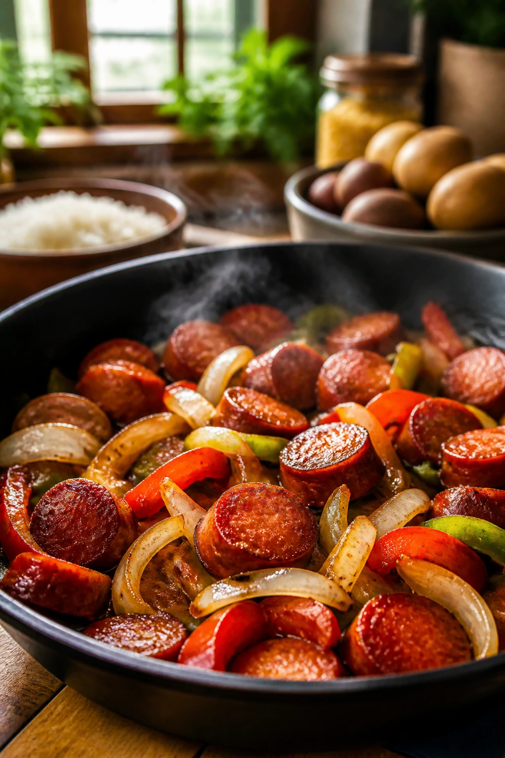 Close-up of a skillet with browned smoked sausage, onions and peppers in a kitchen