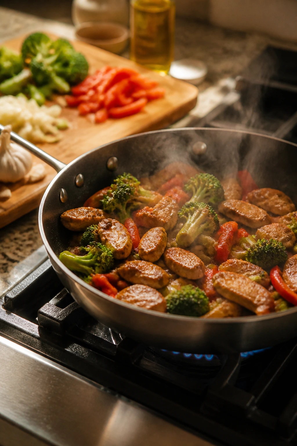 Medium close-up of a skillet with sizzling contents on a stove, symbolizing efficient 30-minute dinners.