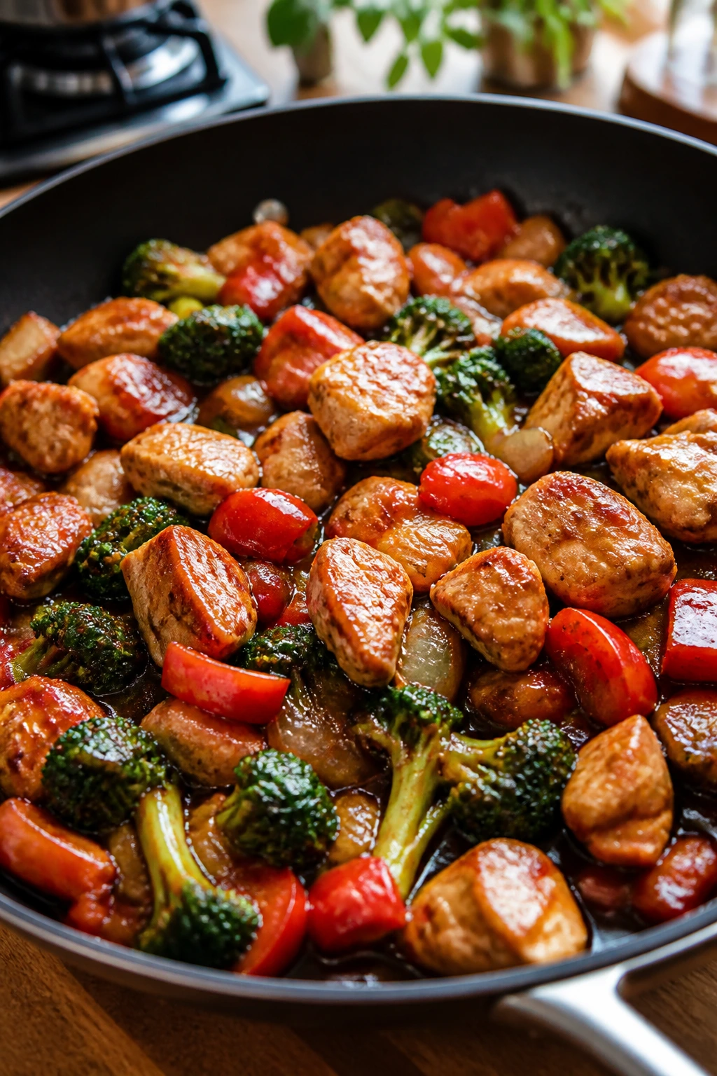 Close-up of a one-pan weeknight dinner highlighting pantry staples in a glossy sauce