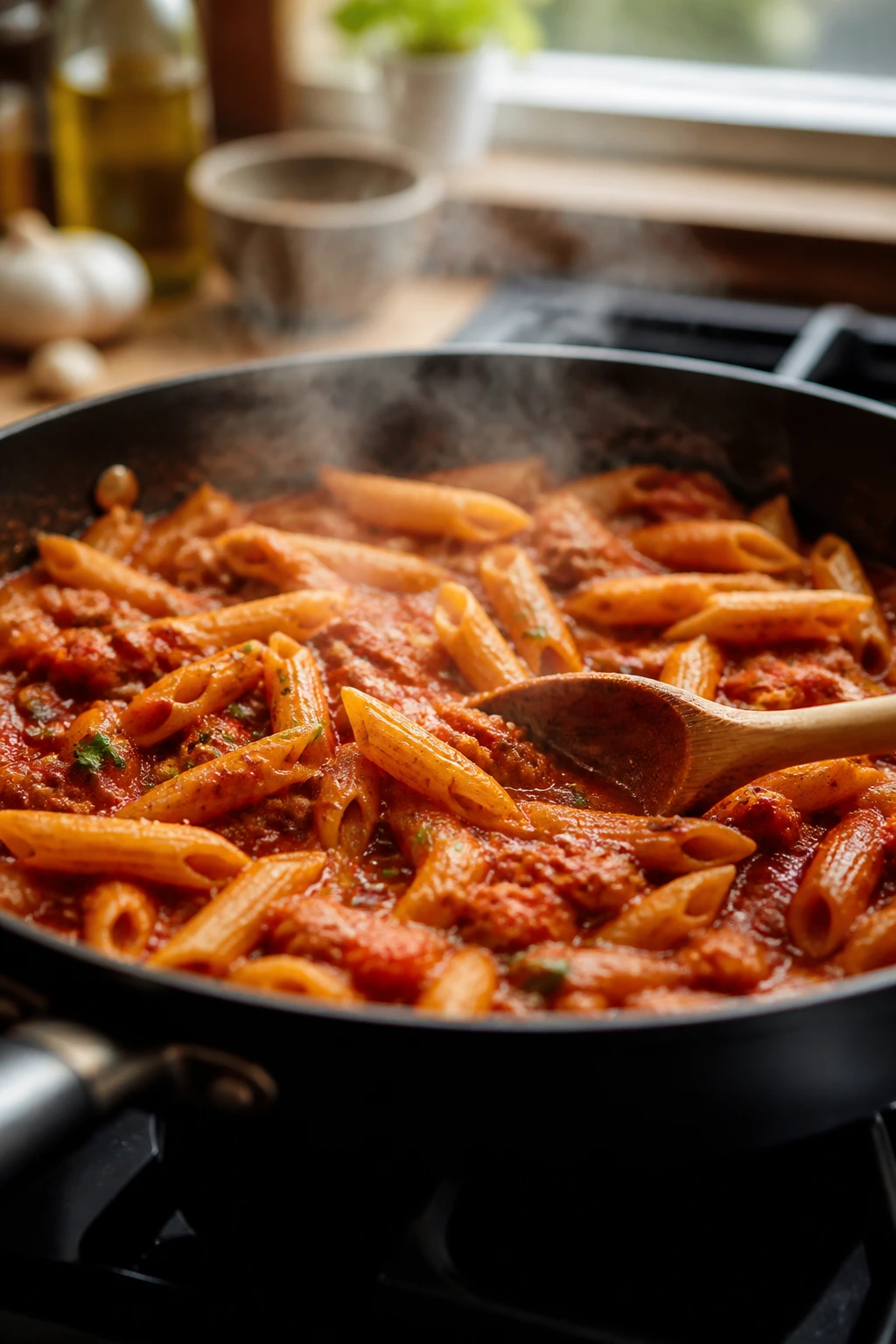 Close-up of a skillet with pasta in tomato sauce on a stove