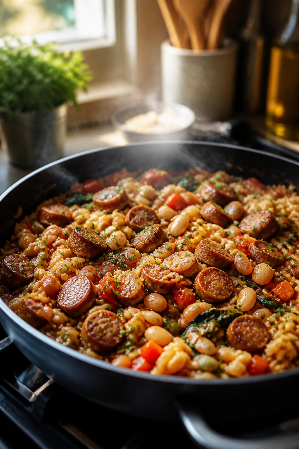 One-pan skillet with colorful weeknight meal components