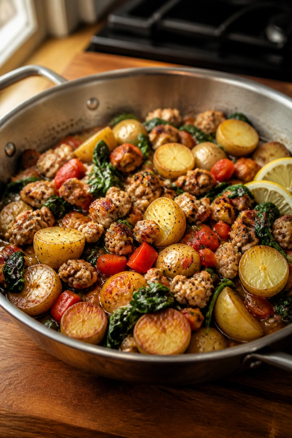 Close-up of a crispy weeknight turkey skillet with potatoes and peppers in glossy sauce.