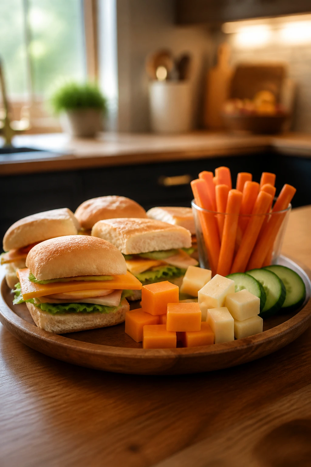 Close-up of a tray with kid-friendly weeknight snacks on a wooden board in a cozy kitchen