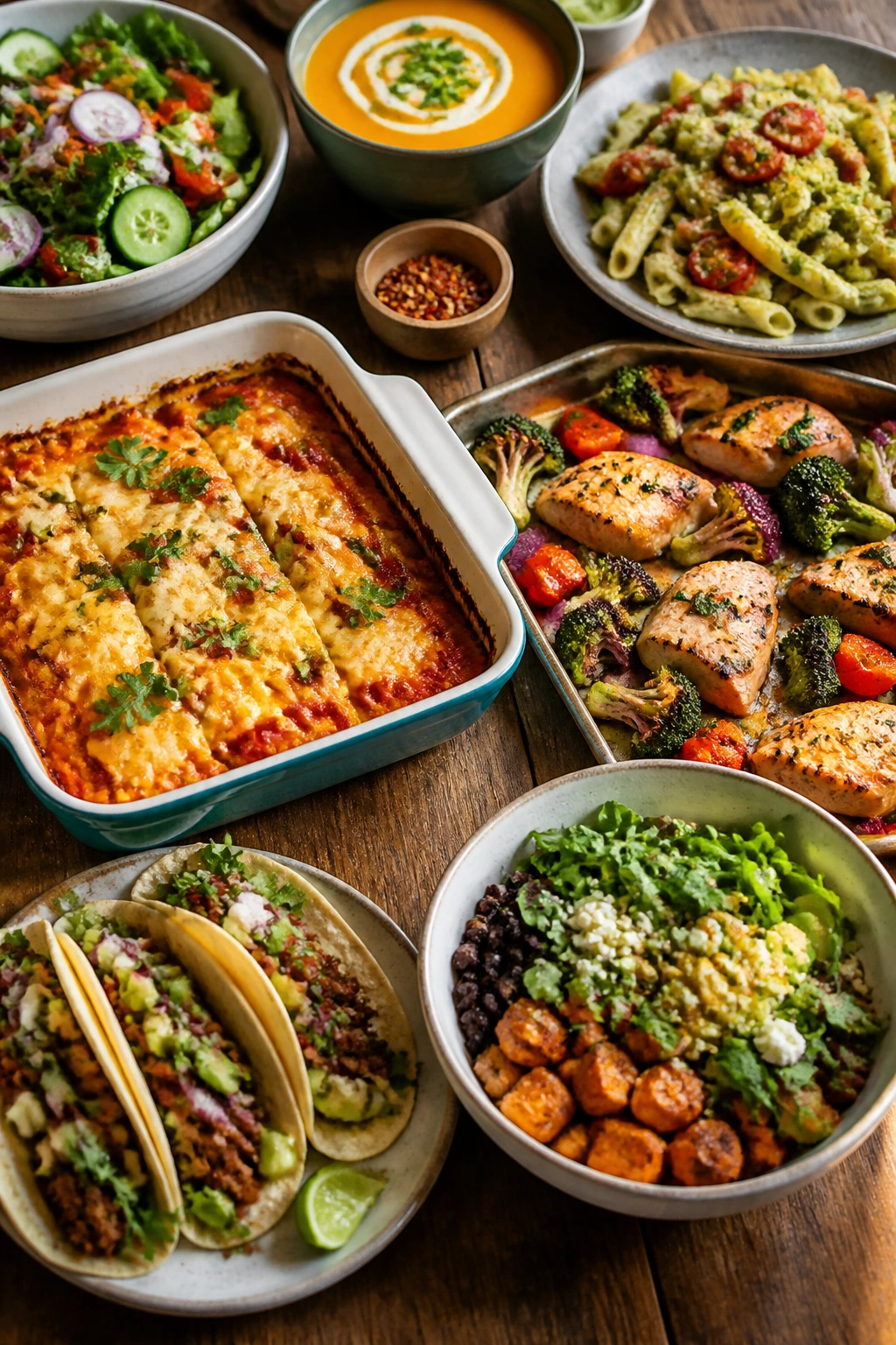 Top-down spread of weeknight-friendly dishes on a rustic table, showcasing familiar shapes